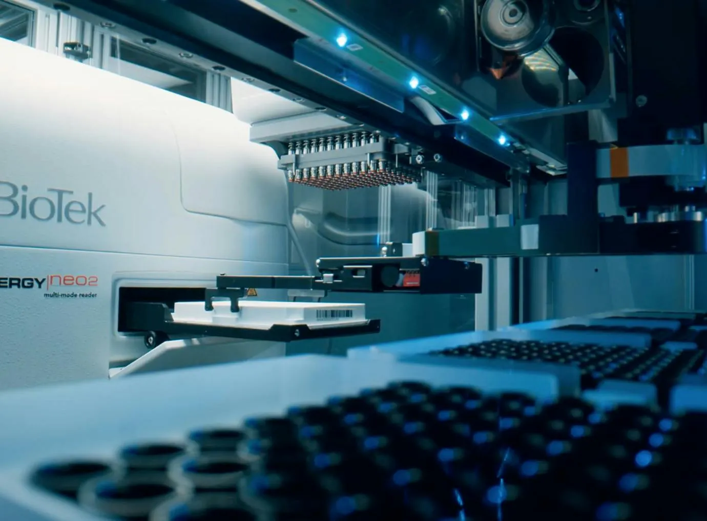 A Biotek plate reader running an ELISA assay on Dash Bio's automated platform