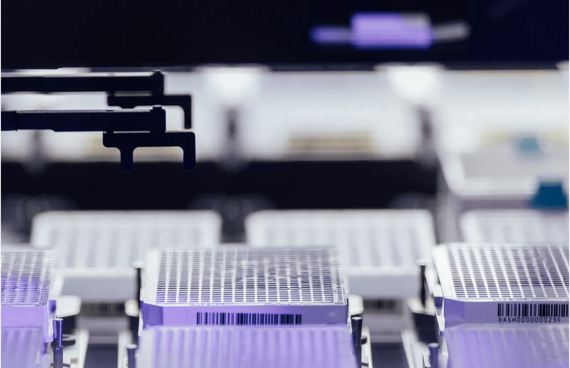 Automated liquid handling equipment running a validated assay on Dash Bio's platform.